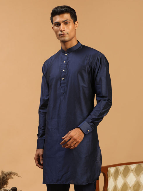 Men's Blue Silk Blend Curved Hem Kurta