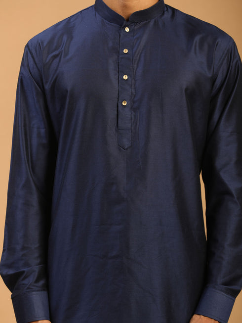 Men's Blue Silk Blend Curved Hem Kurta