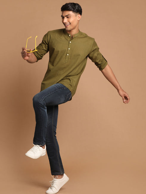 Men's Olive Green Short Cotton Kurta