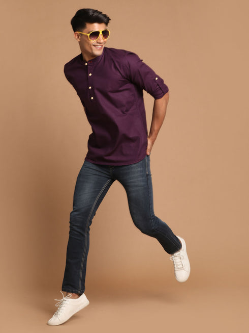 Men's Purple Short Cotton Kurta