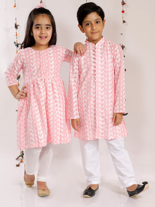 Vastramay Pink Pure Cotton Chikankari Siblings Set