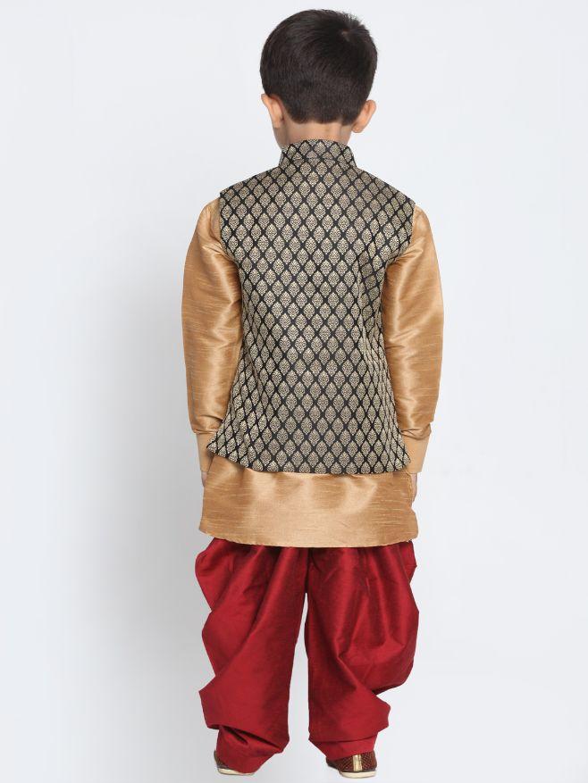 Boys' Gold Cotton Silk Blend Ethnic Jacket, Kurta and Dhoti Pant Set