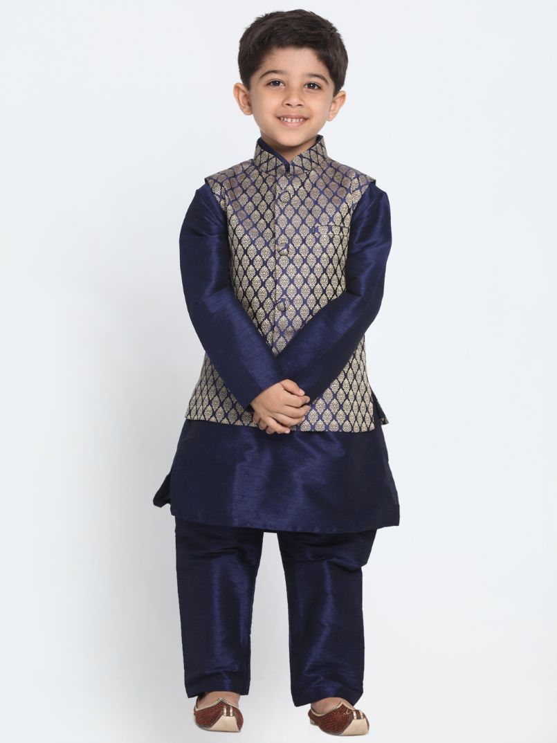 Boys' Dark Blue Cotton Silk Blend Kurta, Waistcoat and Pyjama Set