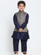 Boys' Dark Blue Cotton Silk Blend Kurta, Waistcoat and Pyjama Set
