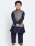 Boys' Dark Blue Cotton Silk Blend Kurta, Waistcoat and Pyjama Set
