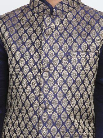 Boys' Dark Blue Cotton Silk Blend Kurta, Waistcoat and Pyjama Set
