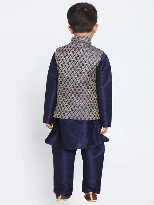 Boys' Dark Blue Cotton Silk Blend Kurta, Waistcoat and Pyjama Set