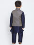 Boys' Dark Blue Cotton Silk Blend Kurta, Waistcoat and Pyjama Set