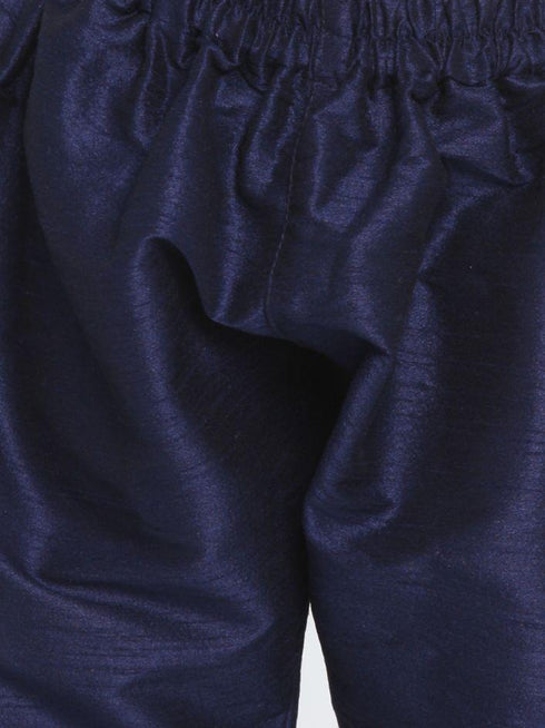 Boys' Dark Blue Cotton Silk Blend Kurta, Waistcoat and Pyjama Set