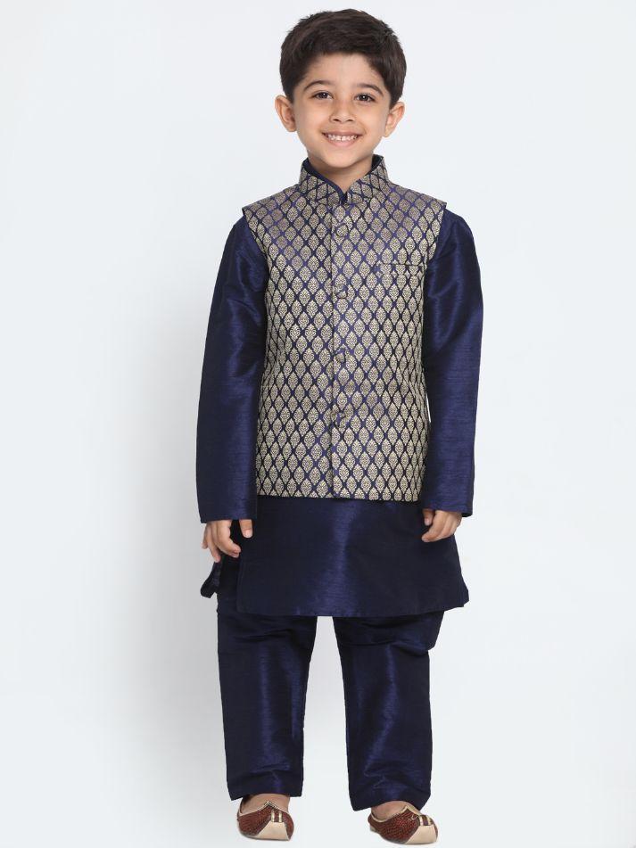 Boys' Dark Blue Cotton Silk Blend Kurta, Waistcoat and Pyjama Set