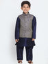 Boys' Dark Blue Cotton Silk Blend Kurta, Waistcoat and Pyjama Set