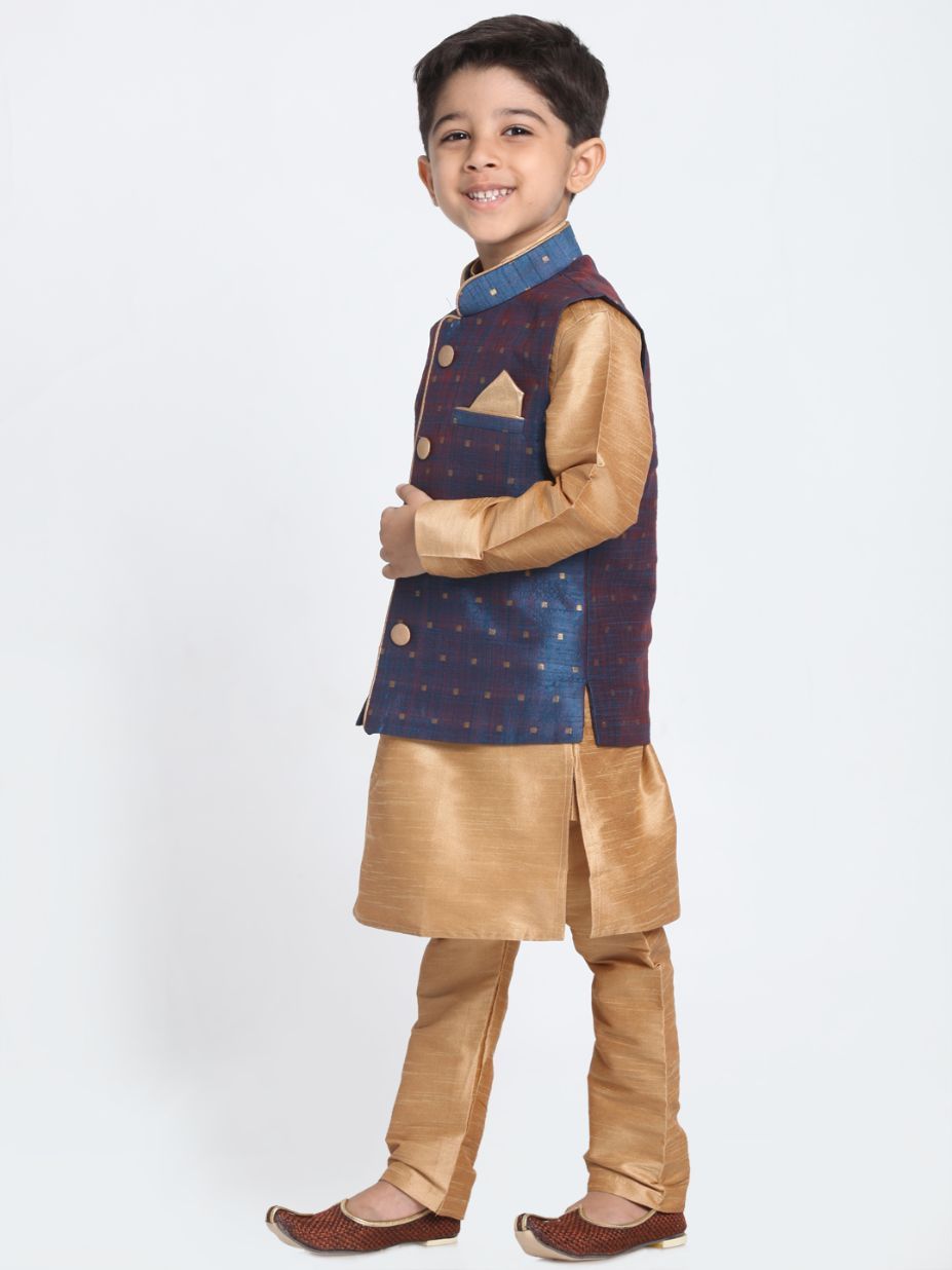 Boys' Deep Blue Cotton Silk Blend Kurta, Waistcoat and Pyjama Set