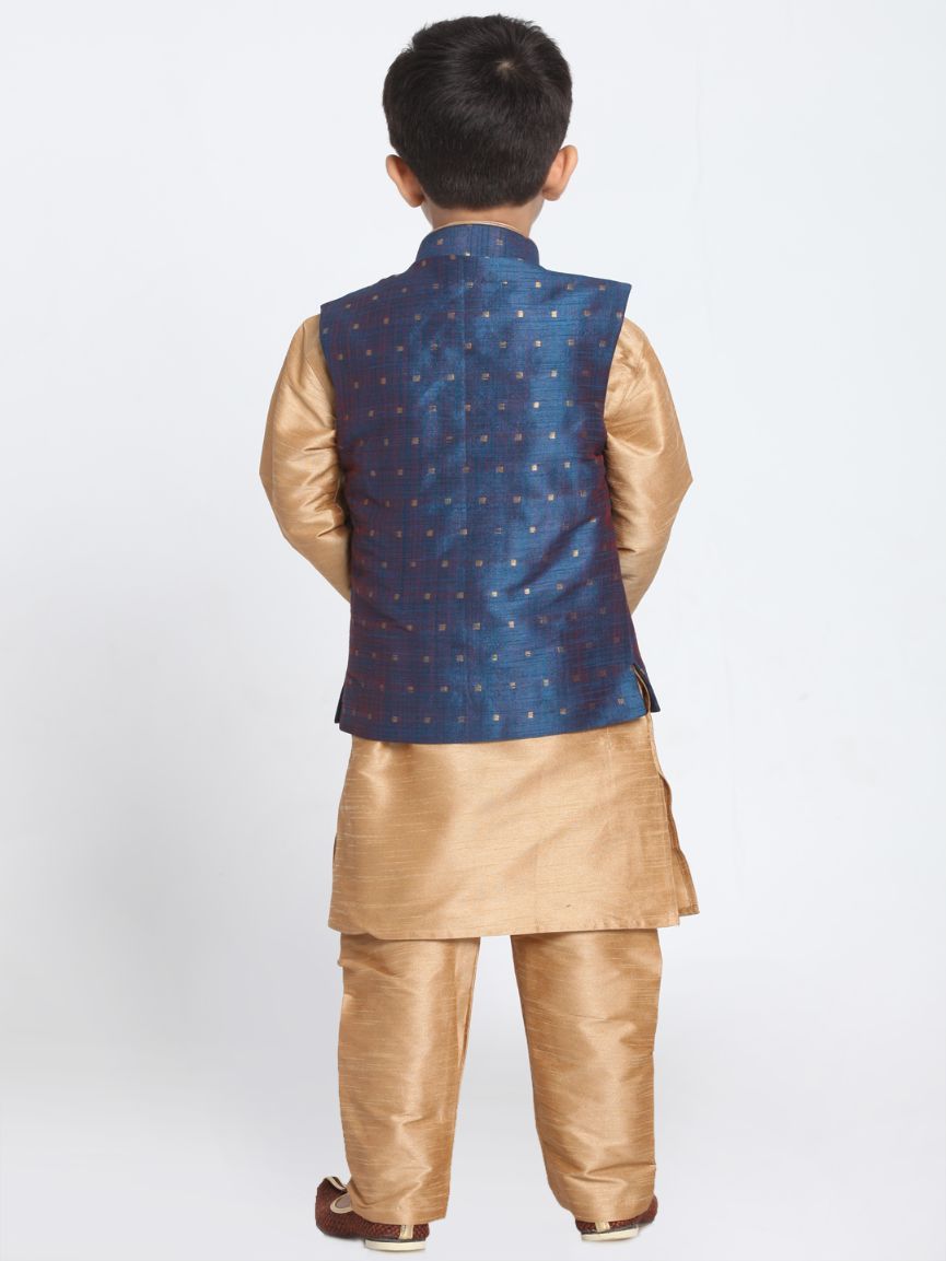 Boys' Deep Blue Cotton Silk Blend Kurta, Waistcoat and Pyjama Set