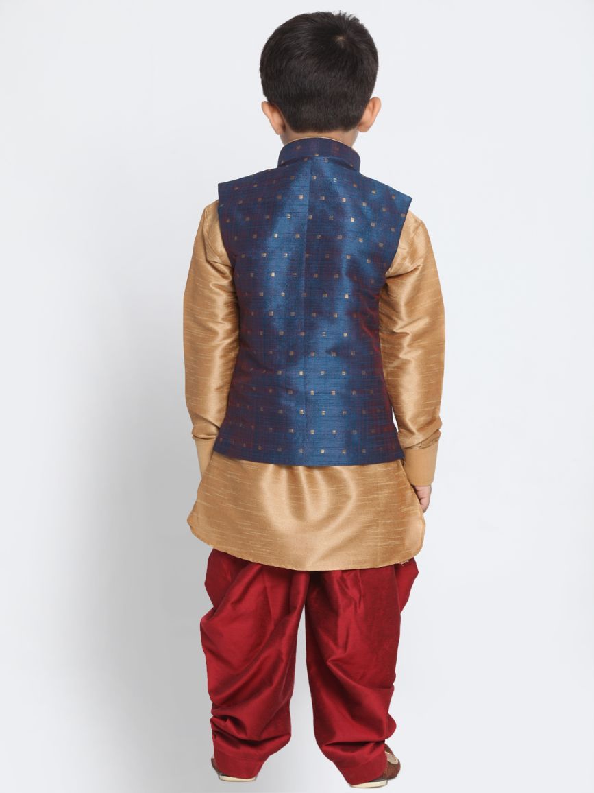 Boys' Deep Blue Cotton Silk Blend Ethnic Jacket, Kurta and Dhoti Pant Set