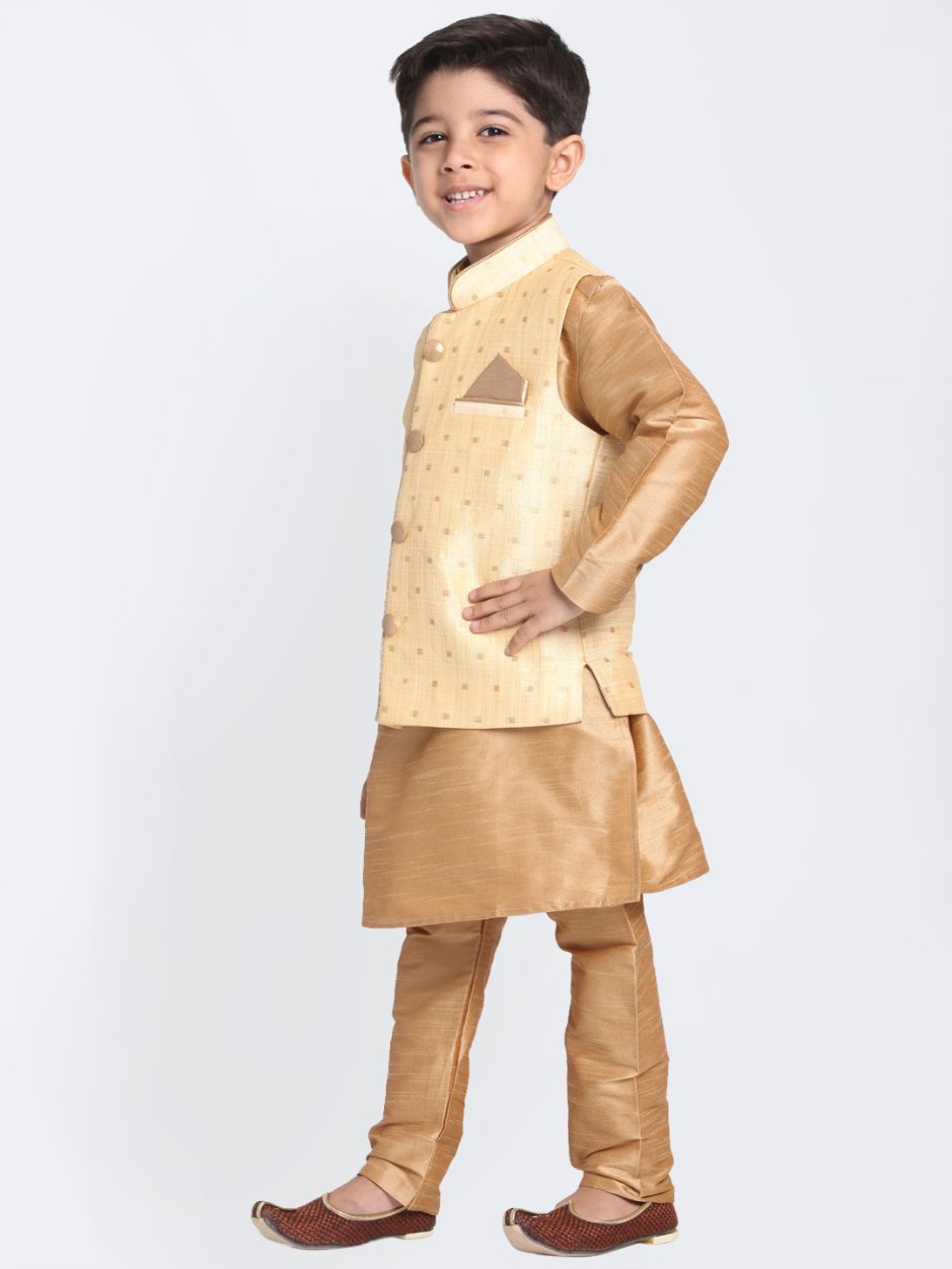 Boys' Gold Cotton Silk Blend Kurta, Waistcoat and Pyjama Set