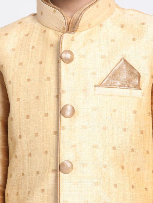 Boys' Gold Cotton Silk Blend Kurta, Waistcoat and Pyjama Set