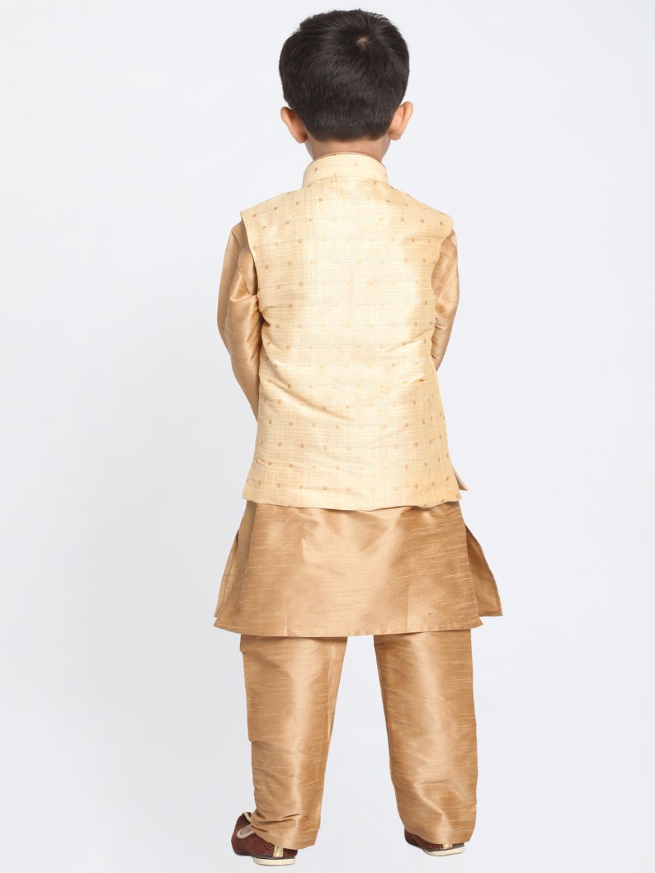 Boys' Gold Cotton Silk Blend Kurta, Waistcoat and Pyjama Set