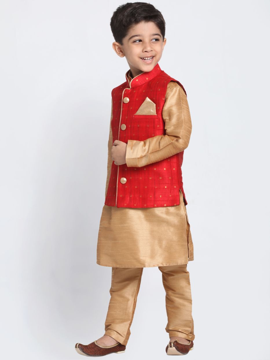 Boys' Maroon Cotton Silk Blend Kurta, Waistcoat and Pyjama Set