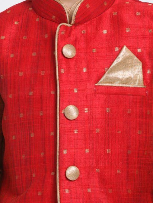 Boys' Maroon Cotton Silk Blend Kurta, Waistcoat and Pyjama Set