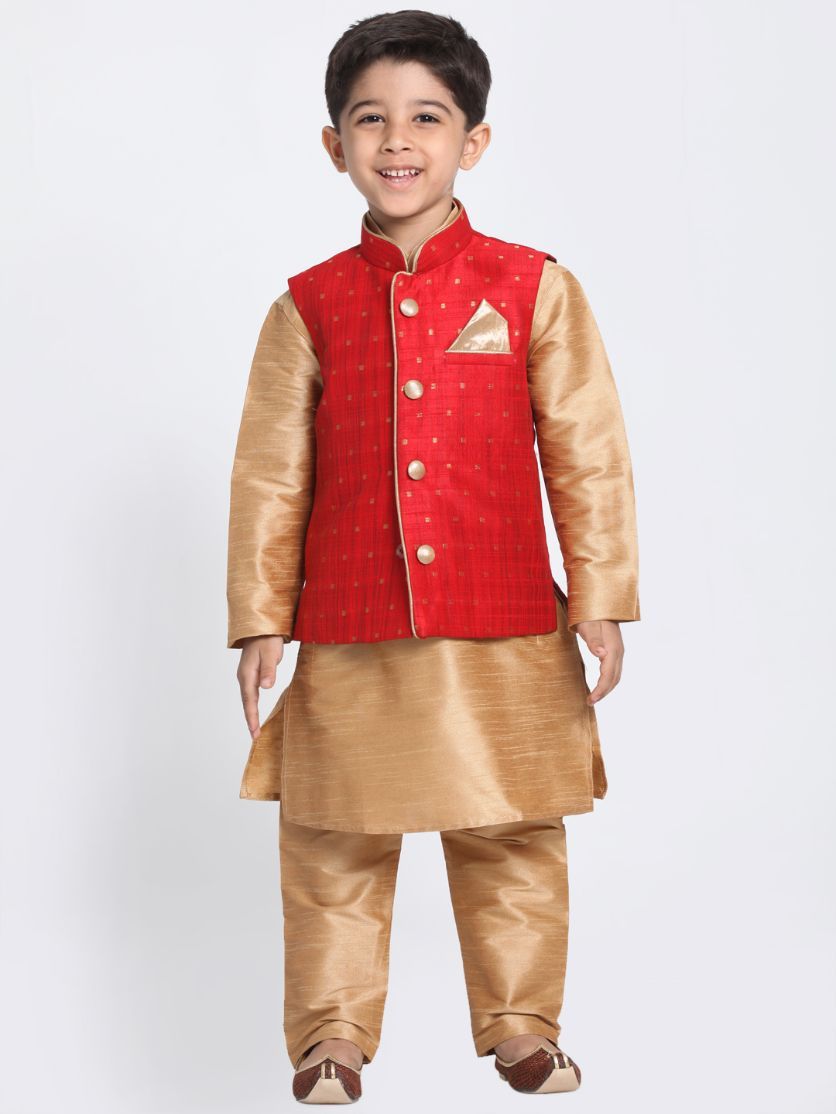Boys' Maroon Cotton Silk Blend Kurta, Waistcoat and Pyjama Set