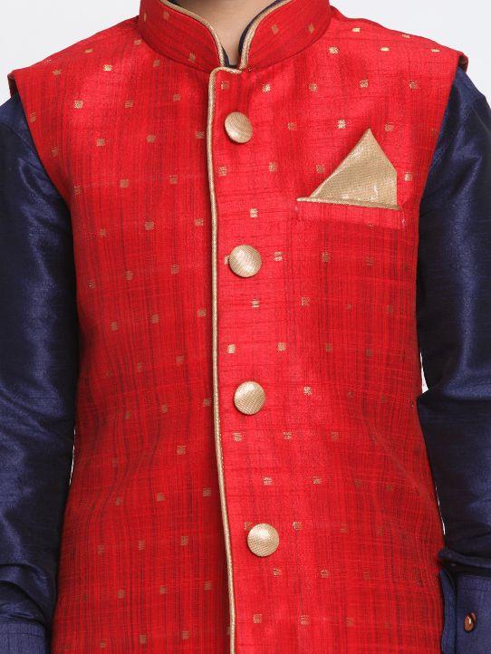 Boys' Maroon Cotton Silk Blend Ethnic Jacket, Kurta and Dhoti Pant Set