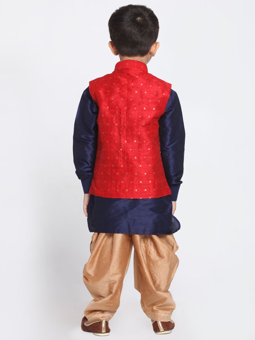 Boys' Maroon Cotton Silk Blend Ethnic Jacket, Kurta and Dhoti Pant Set