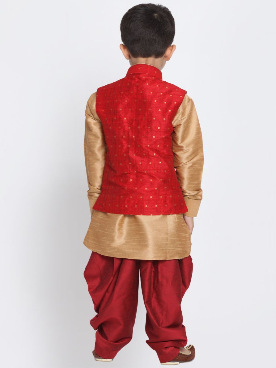 Boys' Maroon Cotton Silk Blend Ethnic Jacket, Kurta and Dhoti Pant Set
