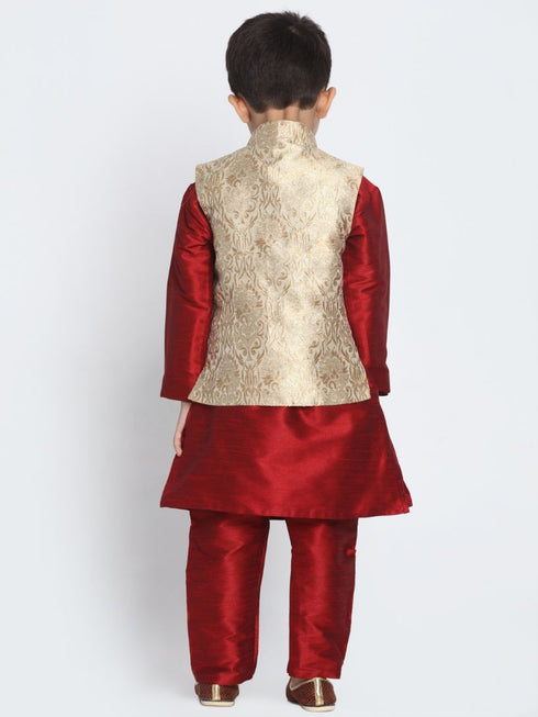 Boys' Gold Cotton Silk Blend Kurta, Waistcoat and Pyjama Set
