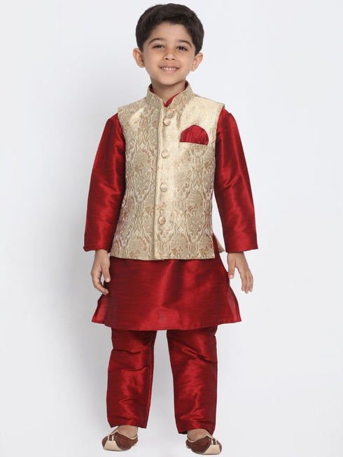Boys' Gold Cotton Silk Blend Kurta, Waistcoat and Pyjama Set
