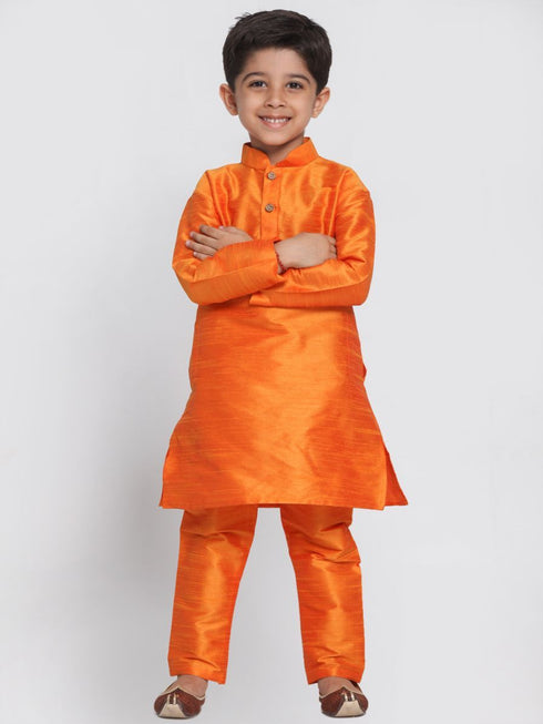 Boys' Orange Cotton Silk Blend Kurta and Pyjama Set