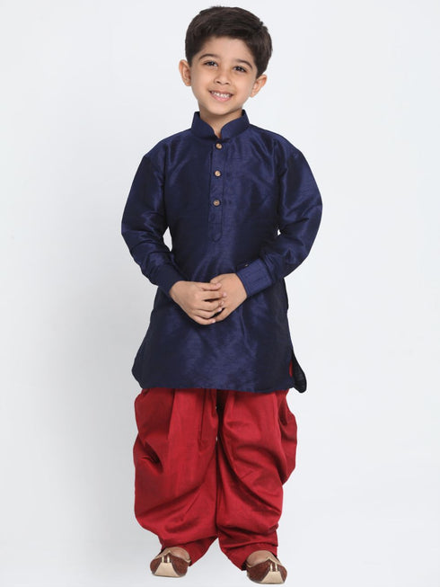 Boys' Blue Cotton Silk Blend Kurta and Dhoti Pant Set