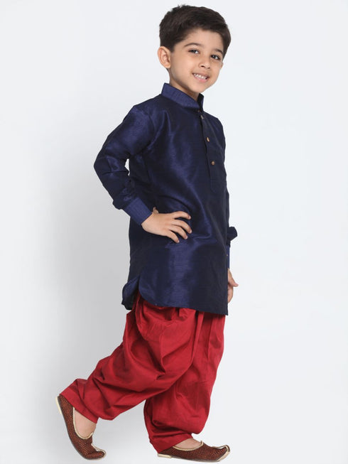 Boys' Blue Cotton Silk Blend Kurta and Dhoti Pant Set