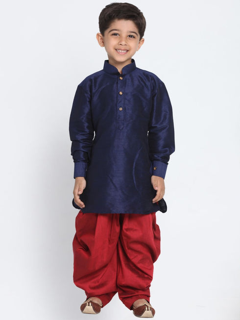 Boys' Blue Cotton Silk Blend Kurta and Dhoti Pant Set