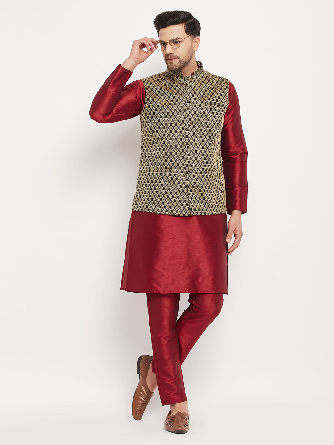 VASTRAMAY Men's Black Silk Blend Jacket With Kurta Pant Set