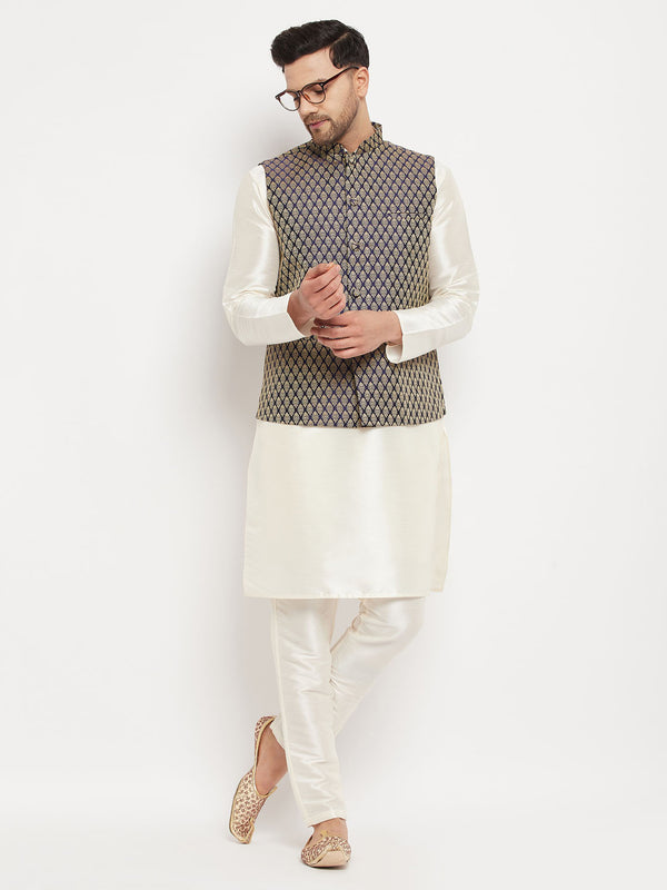 Men's Blue Silk Blend Jacket With Kurta Pant Set