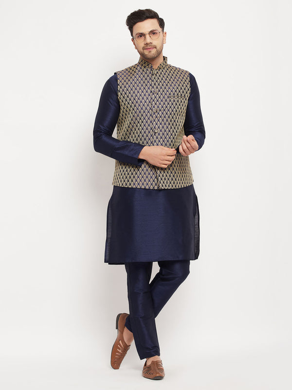 VASTRAMAY Men's BlueSilk Blend Jacket With Kurta Pant Set