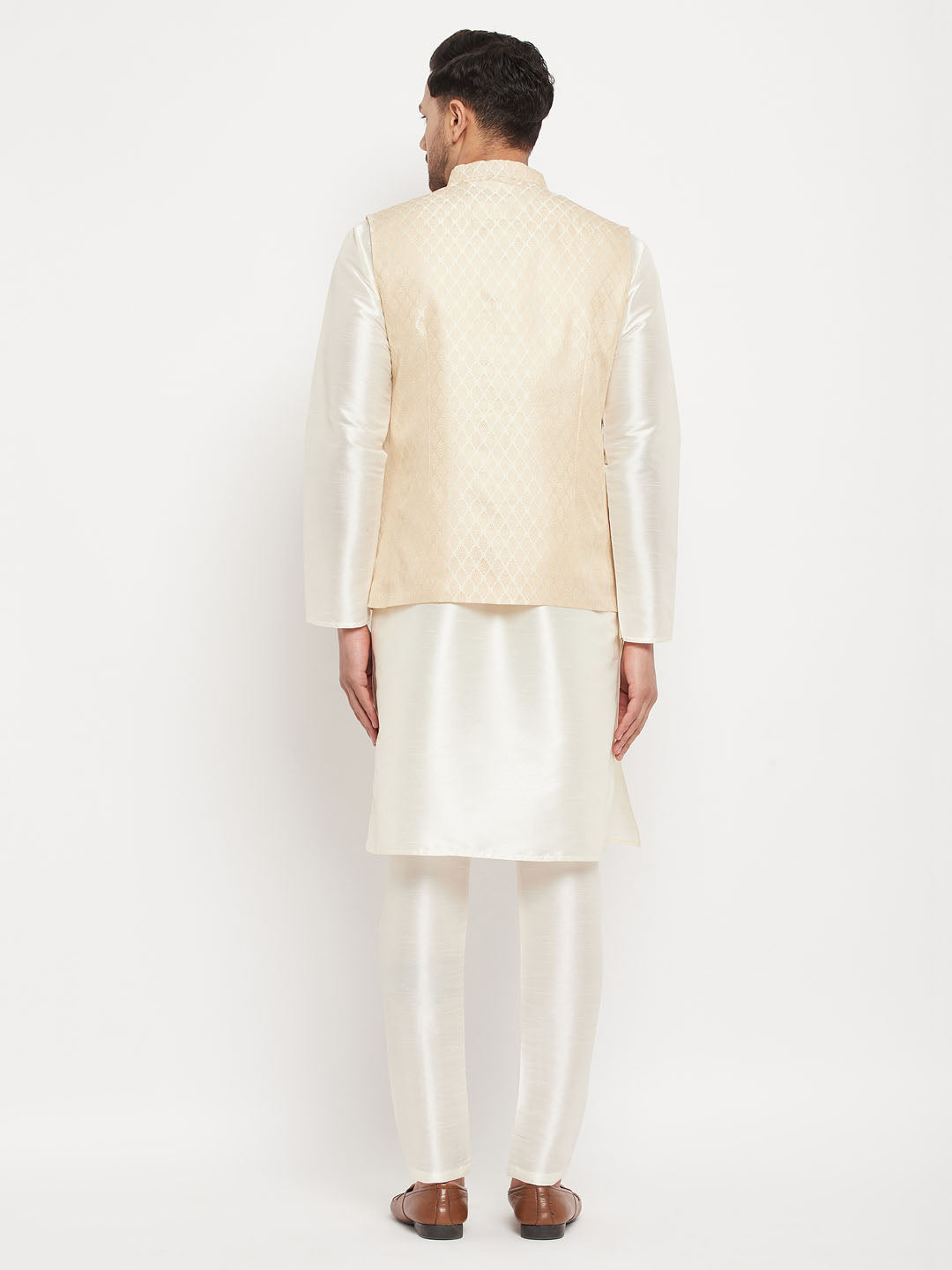 Men's Cream Silk Blend Jacket With Kurta Pant Set