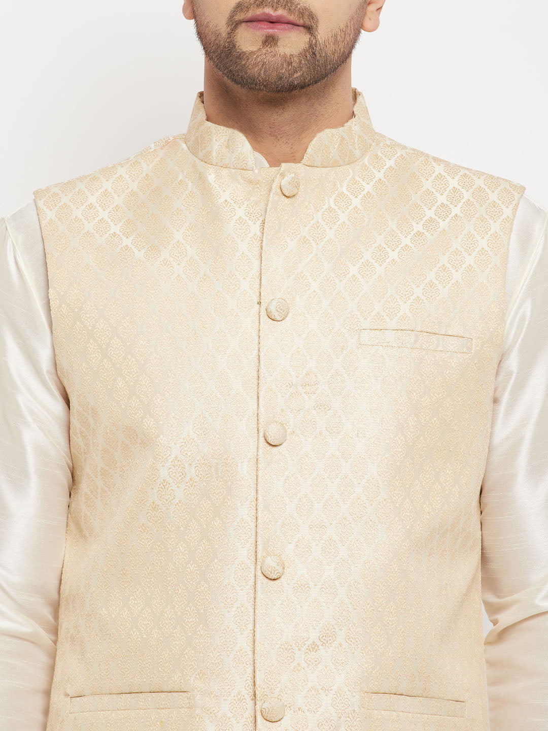 Men's Cream Silk Blend Jacket With Kurta Pant Set
