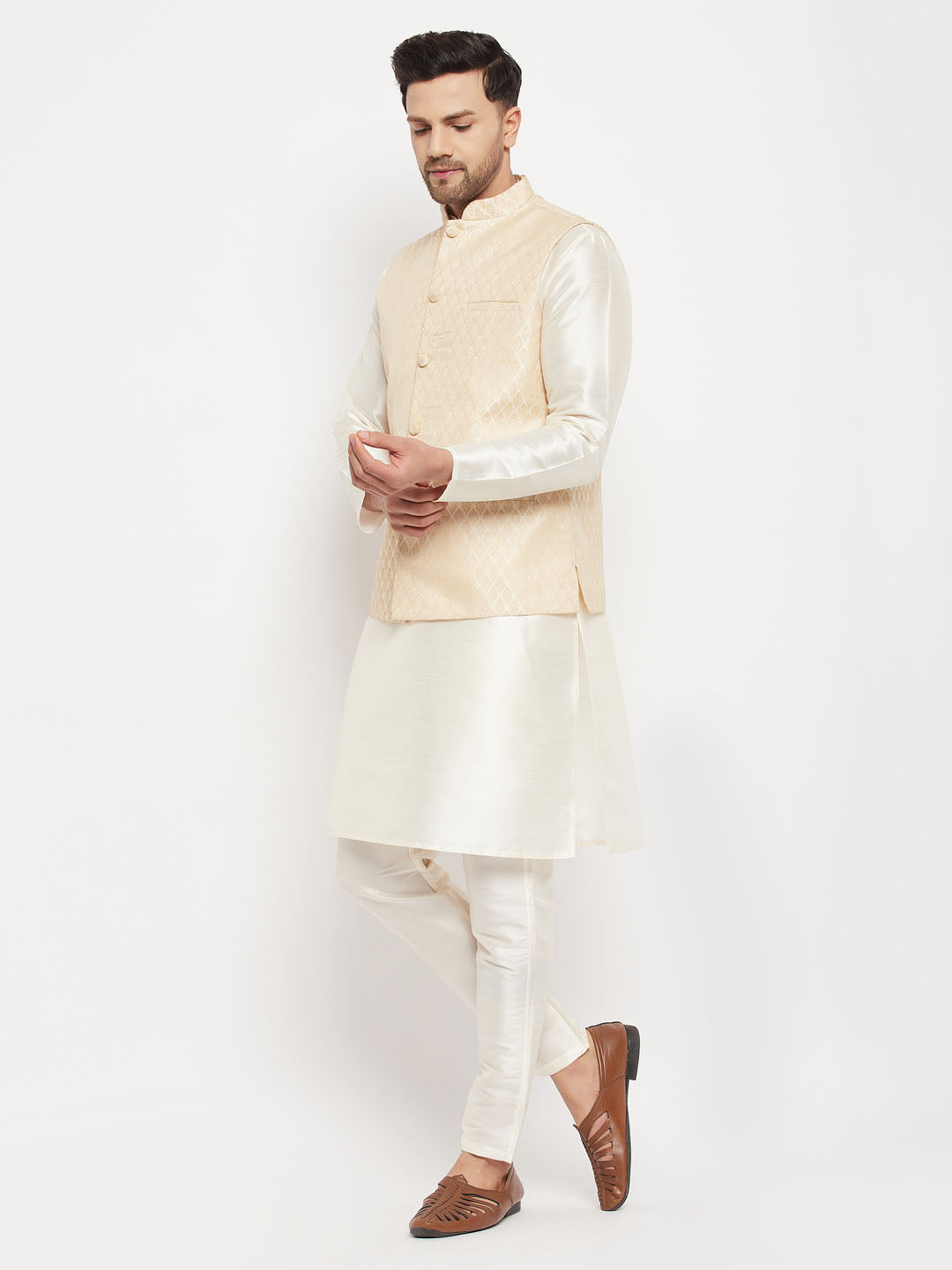 Men's Cream Silk Blend Jacket With Kurta Pant Set