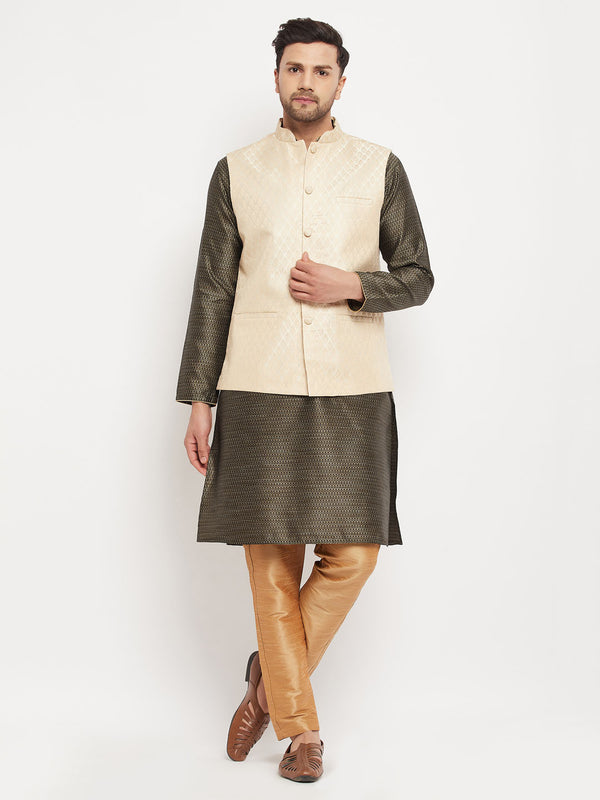 Men's Cream Silk Blend Jacket With Kurta Pant Set