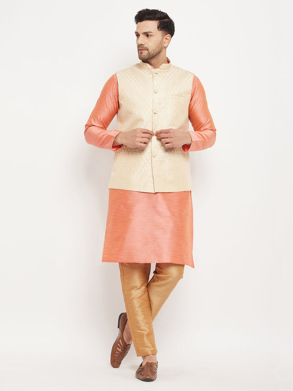 Men's Cream Silk Blend Jacket With Kurta Pant Set