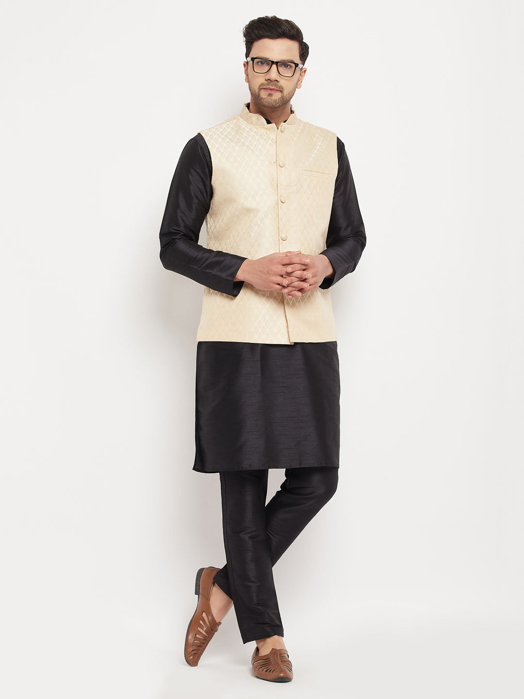 Men's Cream Silk Blend Jacket With Kurta Pant Set