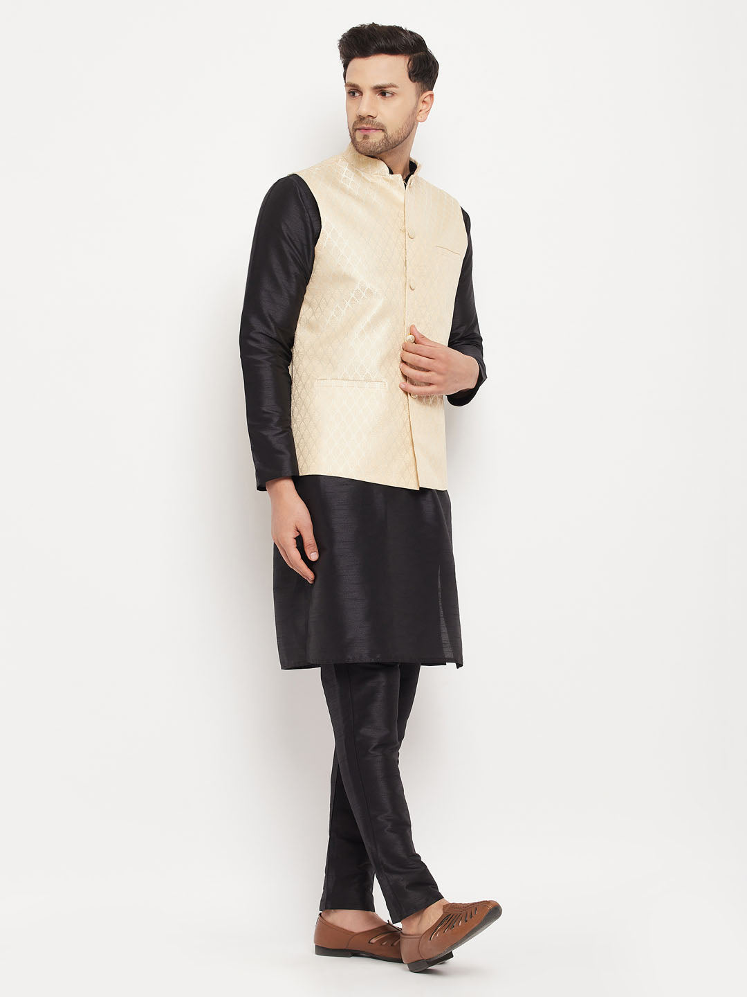 Men's Cream Silk Blend Jacket With Kurta Pant Set