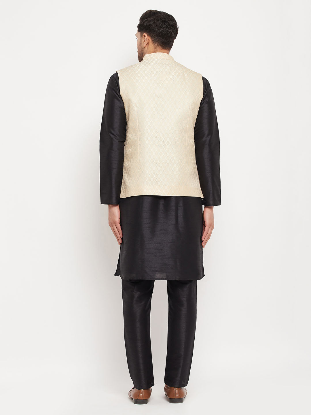 Men's Cream Silk Blend Jacket With Kurta Pant Set