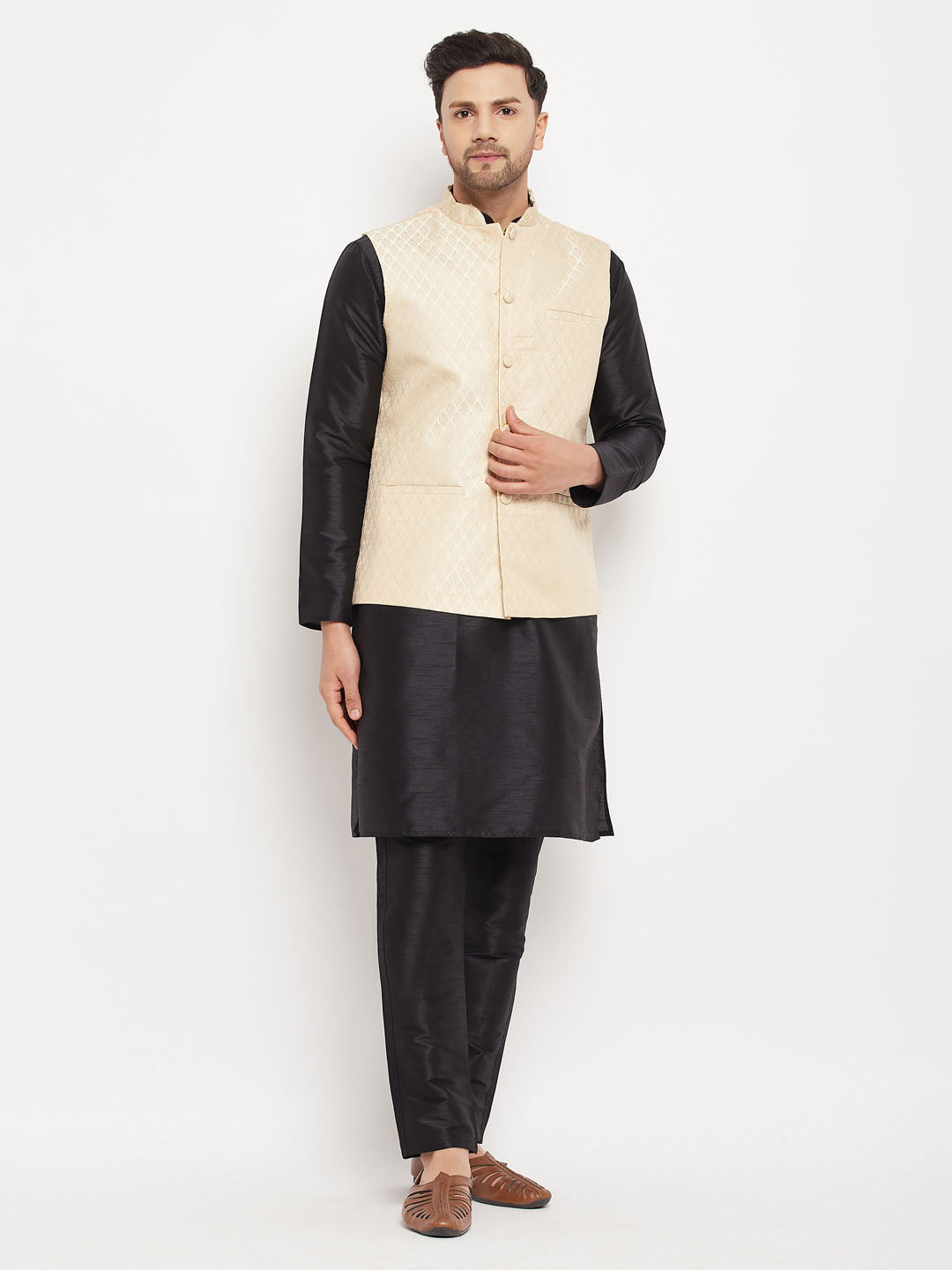 Men's Cream Silk Blend Jacket With Kurta Pant Set