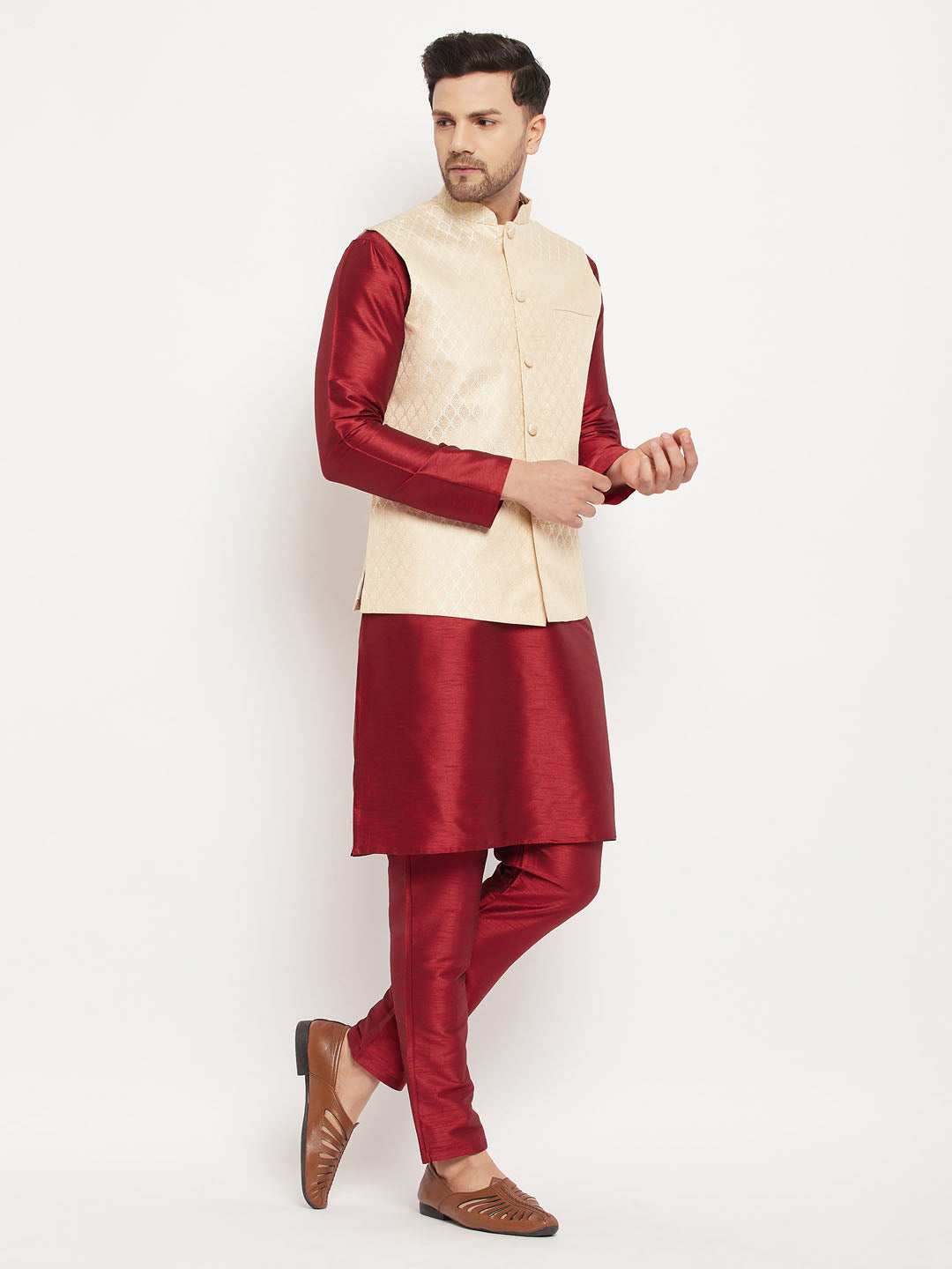 Men's Cream Silk Blend Jacket With Kurta Pant Set