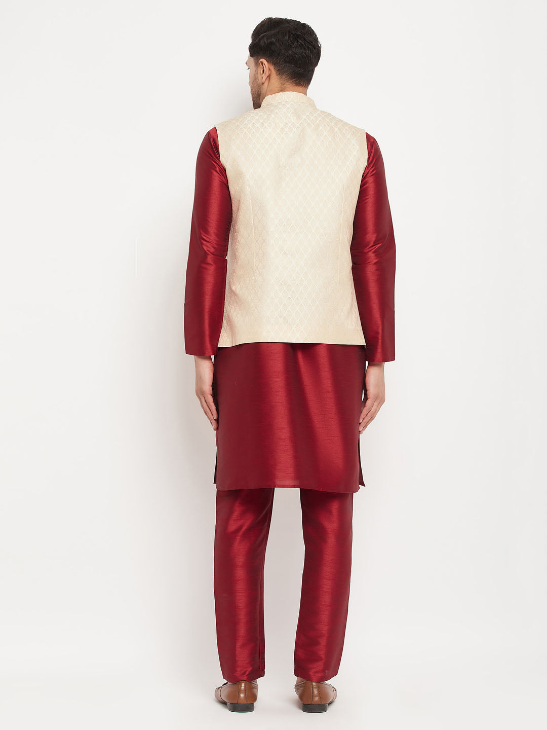 Men's Cream Silk Blend Jacket With Kurta Pant Set