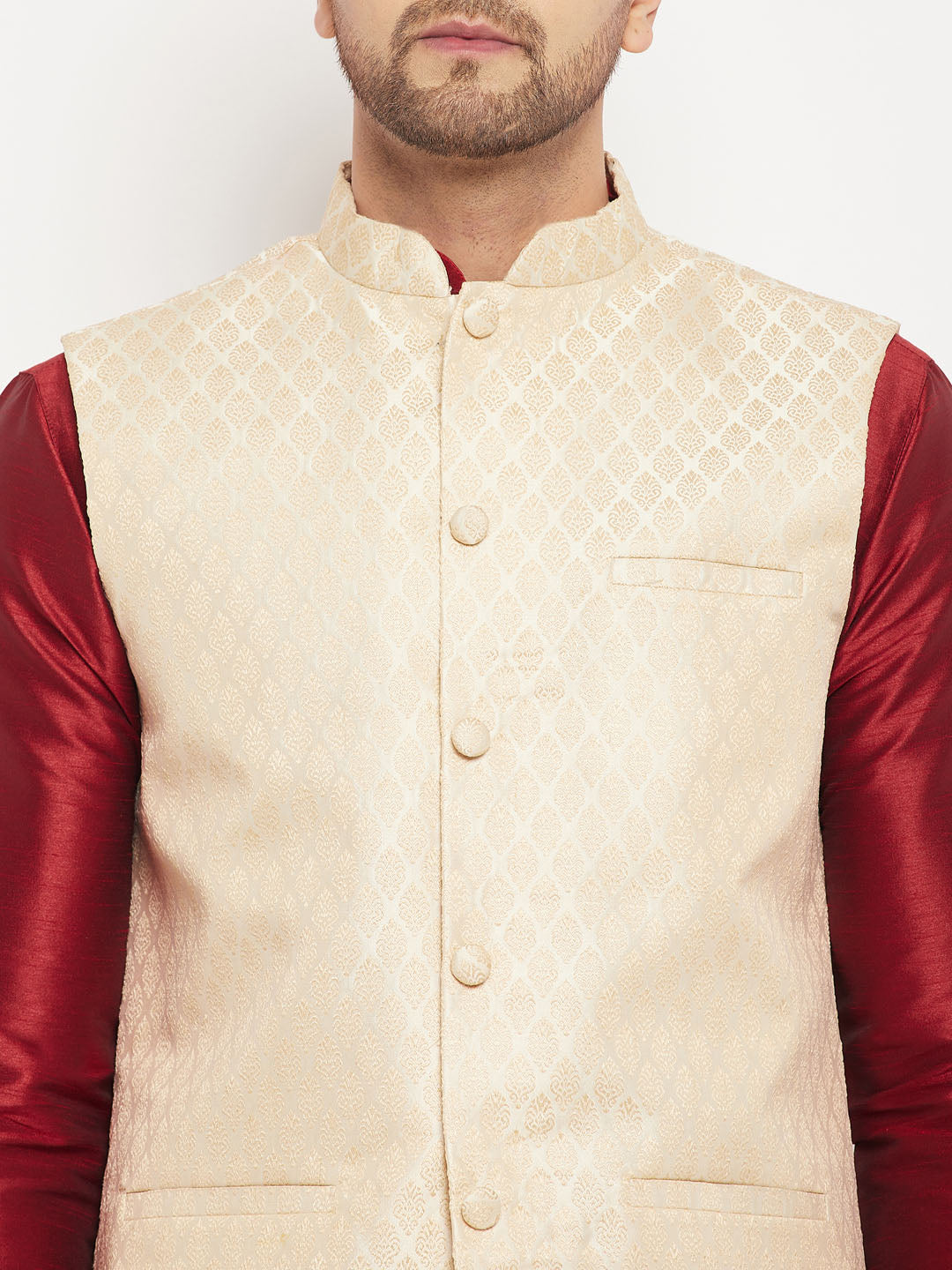 Men's Cream Silk Blend Jacket With Kurta Pant Set
