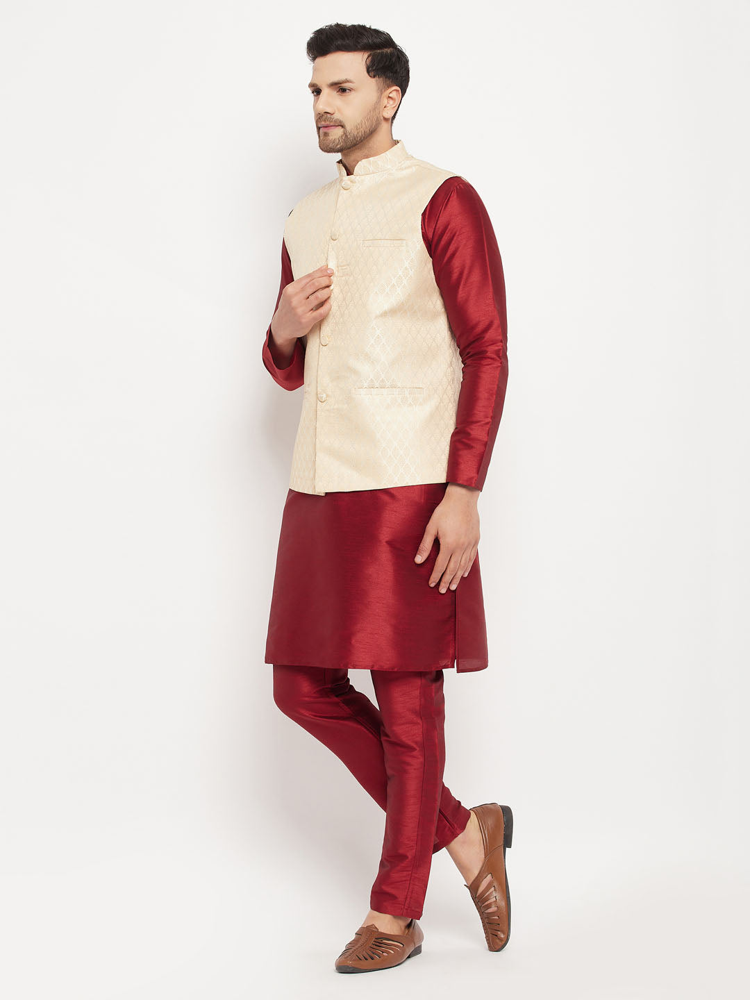 Men's Cream Silk Blend Jacket With Kurta Pant Set