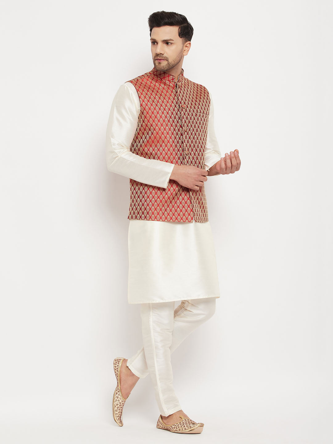 Men's Maroon Silk Blend Jacket With Kurta Pant Set